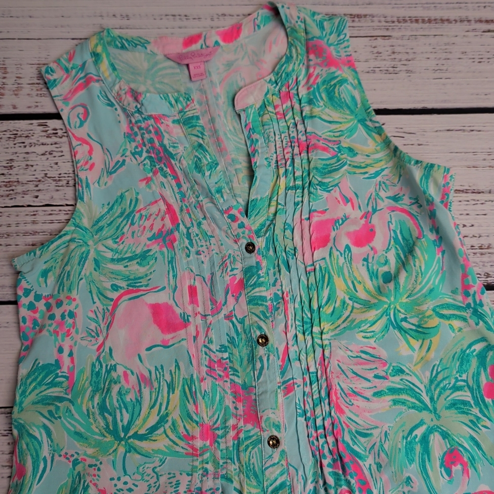 Lilly Pulitzer Floral Printed Sarasota Top In Seasalt Blue On Parade Size XXS